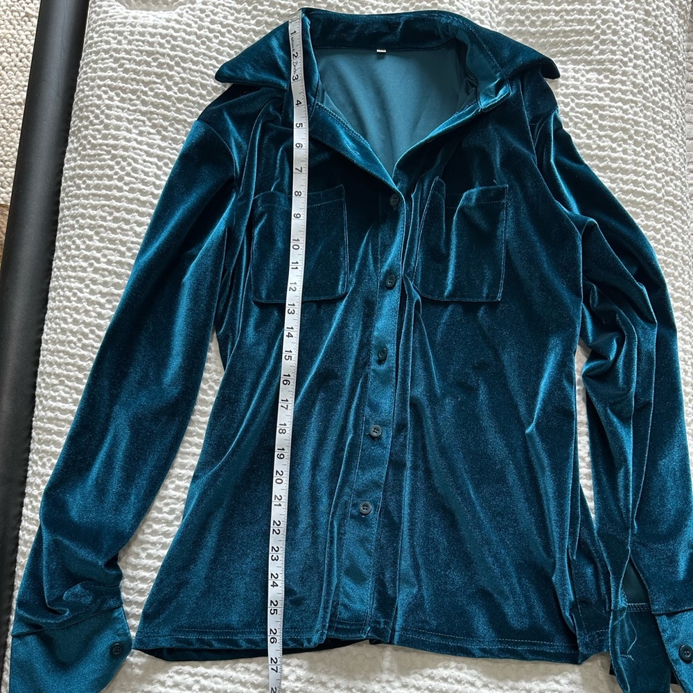 Teal Velvet Button-Up Shirt - Picture 3 of 3